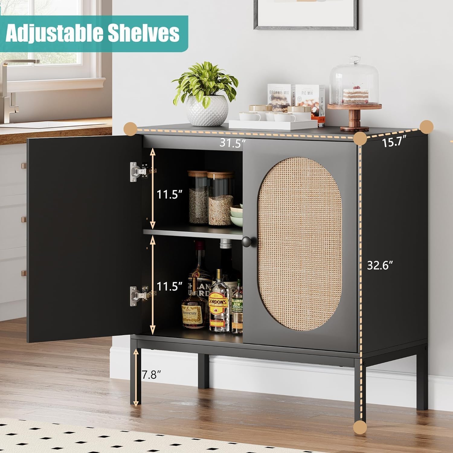 MDF de 30 mm y estantes interiores ajustables del aparador de ratán negro Garvee