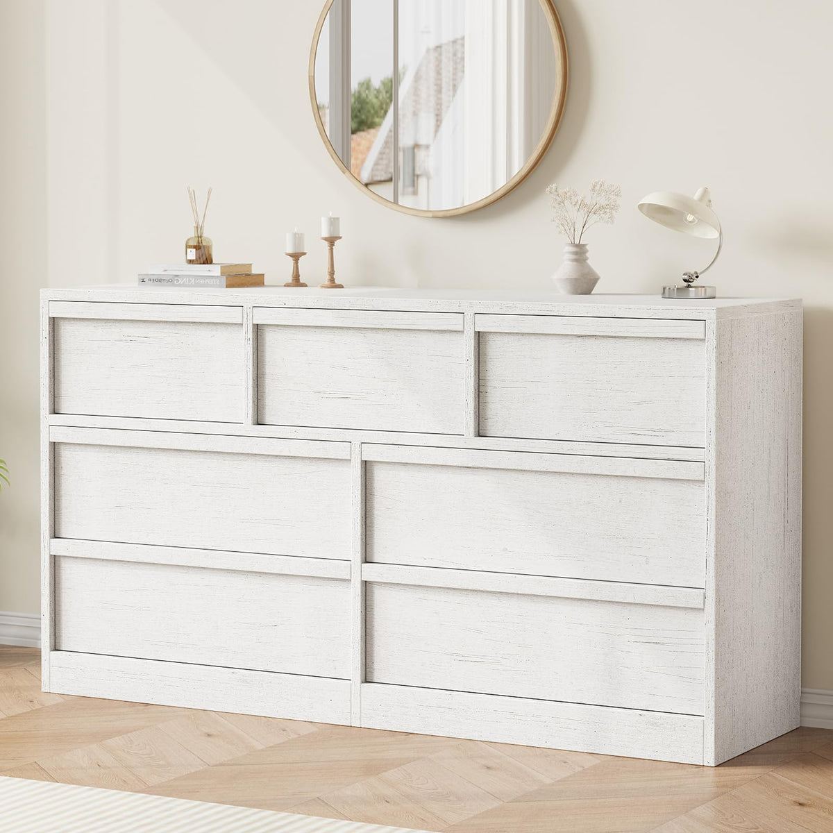 Cómoda horizontal Garvee blanca antigua de 7 cajones con tiradores de madera para dormitorio y salón