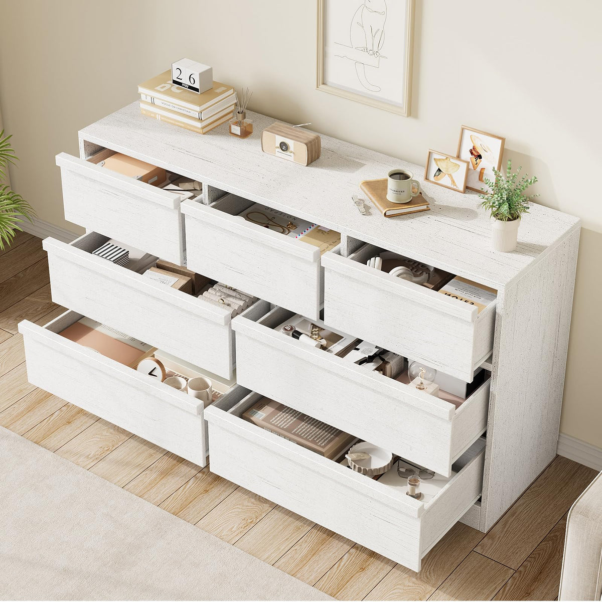 7 cajones amplios con deslizamiento suave de la cómoda Garvee blanca antigua
